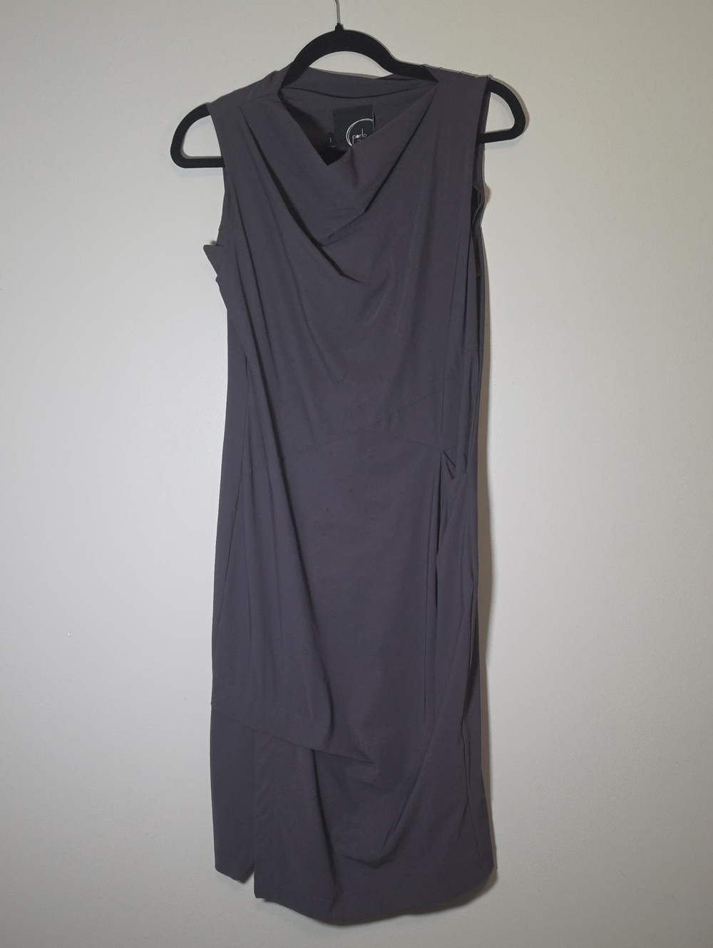 Porto SF Renata Sleeveless Draped Midi Dress in Charcoal Gray